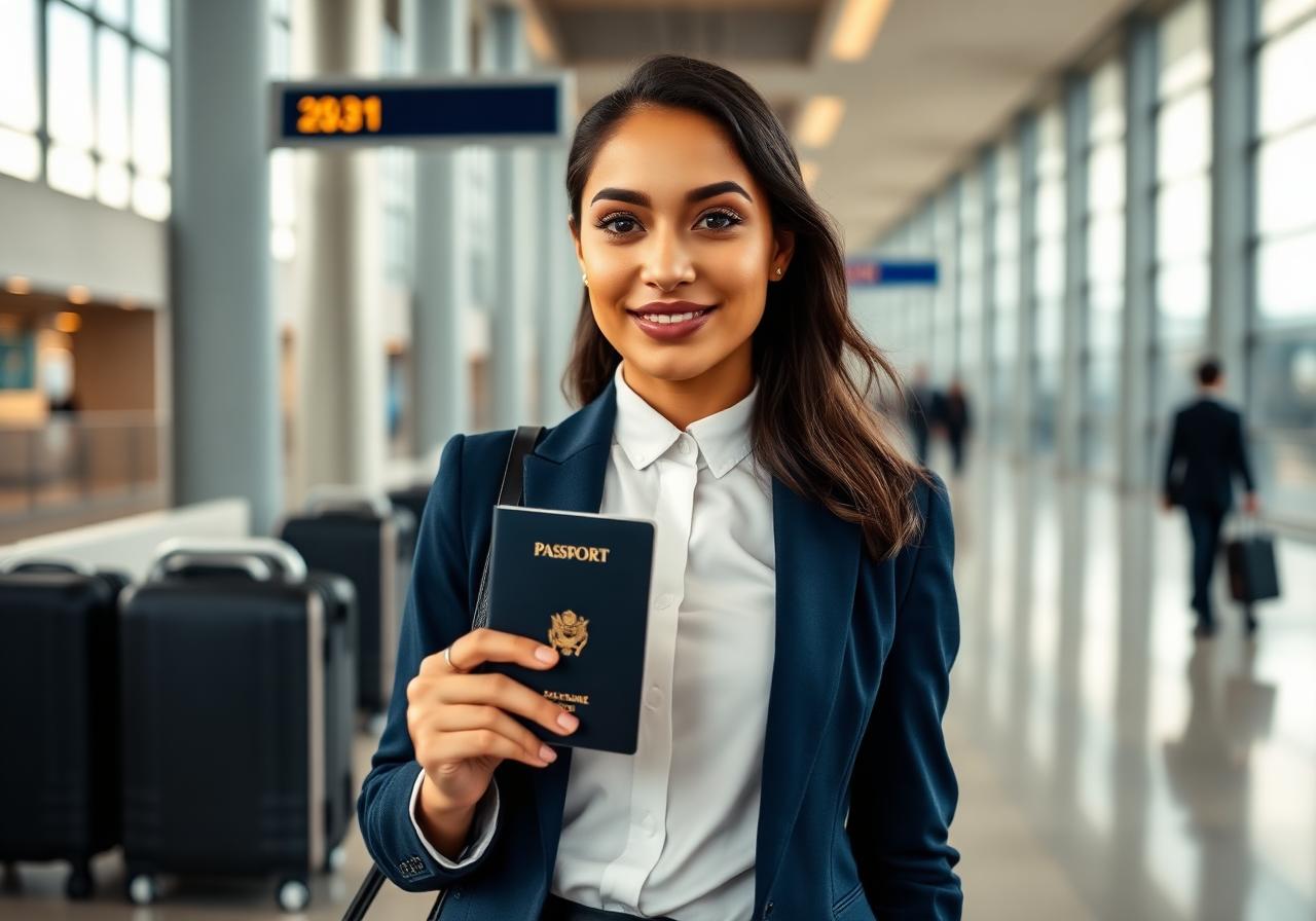 Asesoría de visas - persona elegante con pasaporte en aeropuerto internacional